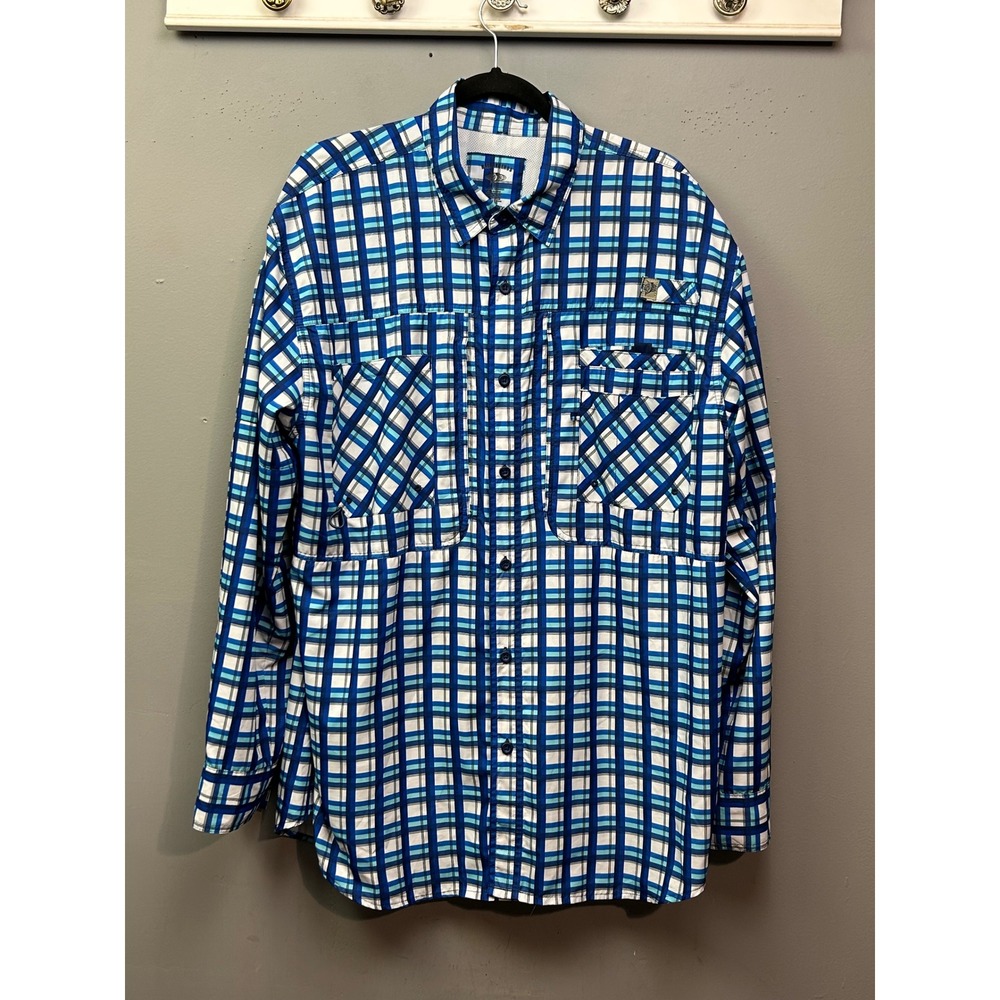 Reel Legends Fishing Shirt‎ Mens XL Blue White Plaid Long Sleeve Ventilated Back